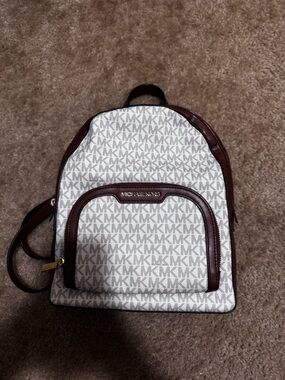 Michael Kors White MK Signature Backpack with Brown Trim